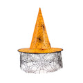 Halloween Hat with a bright orange pointed crown, black spiderweb print and a wide brim draped in black netting
