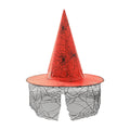 Halloween Hat in bright orange with black spiderweb print, featuring a tall pointed crown and sheer gray web-patterned brim