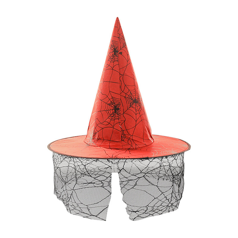 Halloween Hat in bright orange with black spiderweb print, featuring a tall pointed crown and sheer gray web-patterned brim