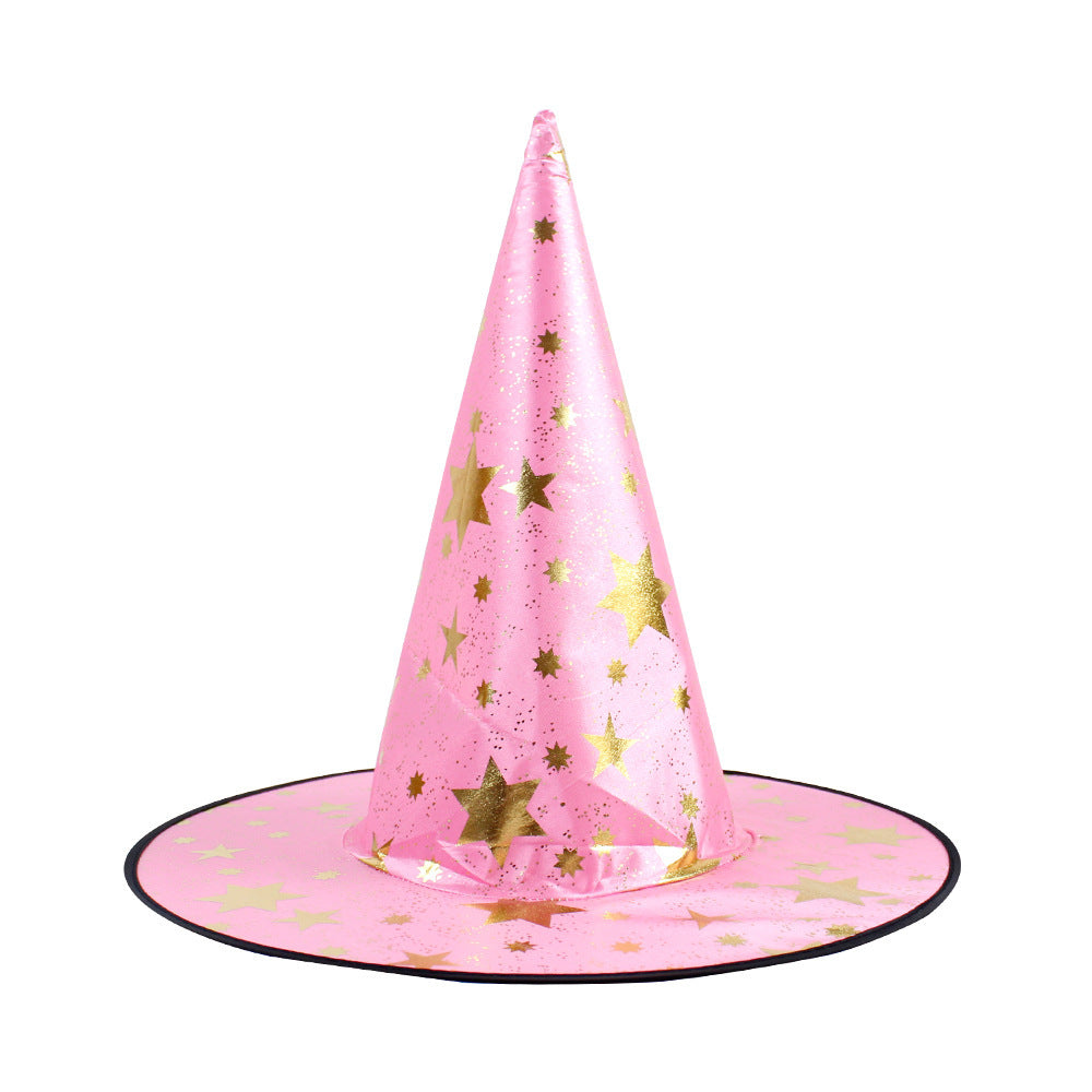 Halloween Hat in pink fabric with a tall pointed cone and shiny gold star pattern across the crown and brim