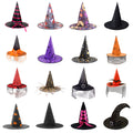 Halloween Hat assortment in black, purple, orange, and red fabric, with pointed shapes, printed patterns, mesh veils, and bows