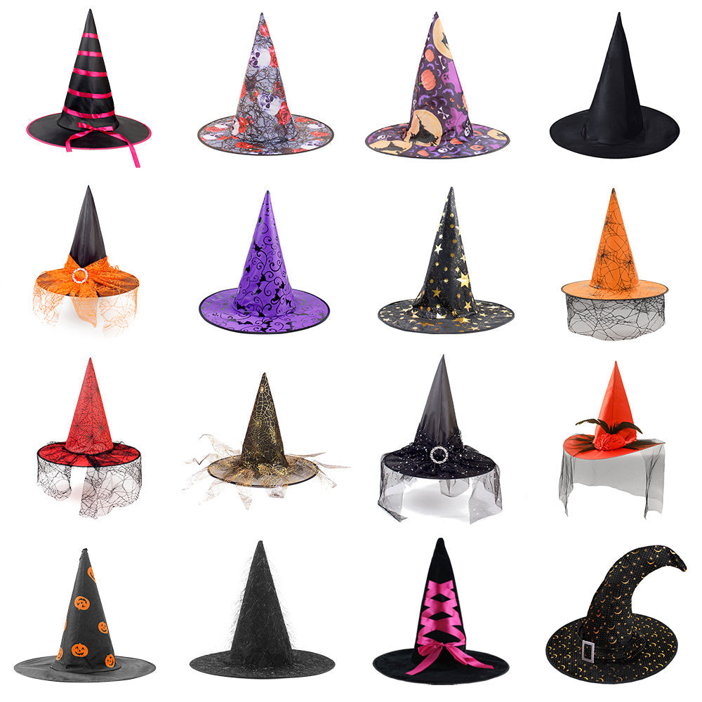 Halloween Hat assortment in black, purple, orange, and red fabric, with pointed shapes, printed patterns, mesh veils, and bows