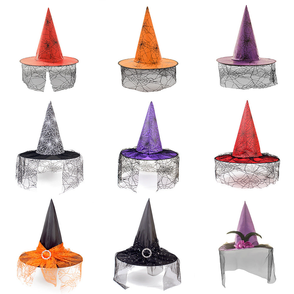 Halloween Hat with pointed red, orange, purple, silver, and black cones, spiderweb mesh brims, and decorative accents