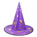 Halloween Hat in purple fabric with gold and white stars, featuring a tall pointed crown and wide black-edged brim