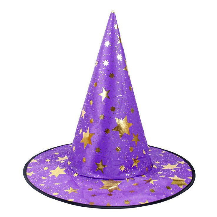 Halloween Hat in purple fabric with gold and white stars, featuring a tall pointed crown and wide black-edged brim