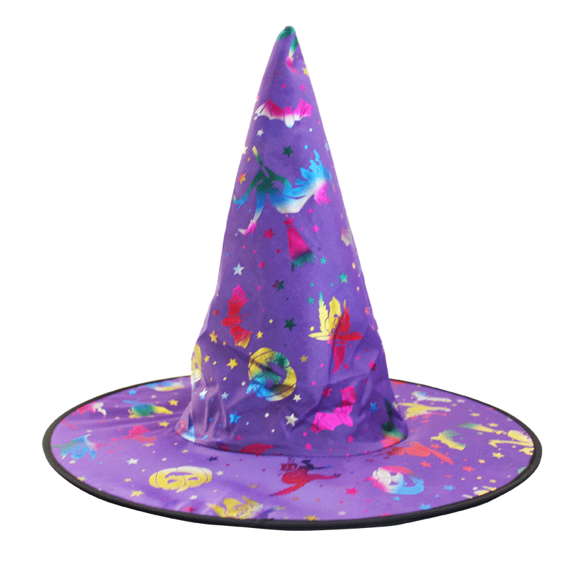 Halloween Hat with a tall pointed purple fabric cone, colourful star and whimsical print, and black-edged brim
