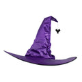 Halloween Hat in glossy purple cloth with a tall bent pointed crown, wide curved brim, and dangling black bat charm