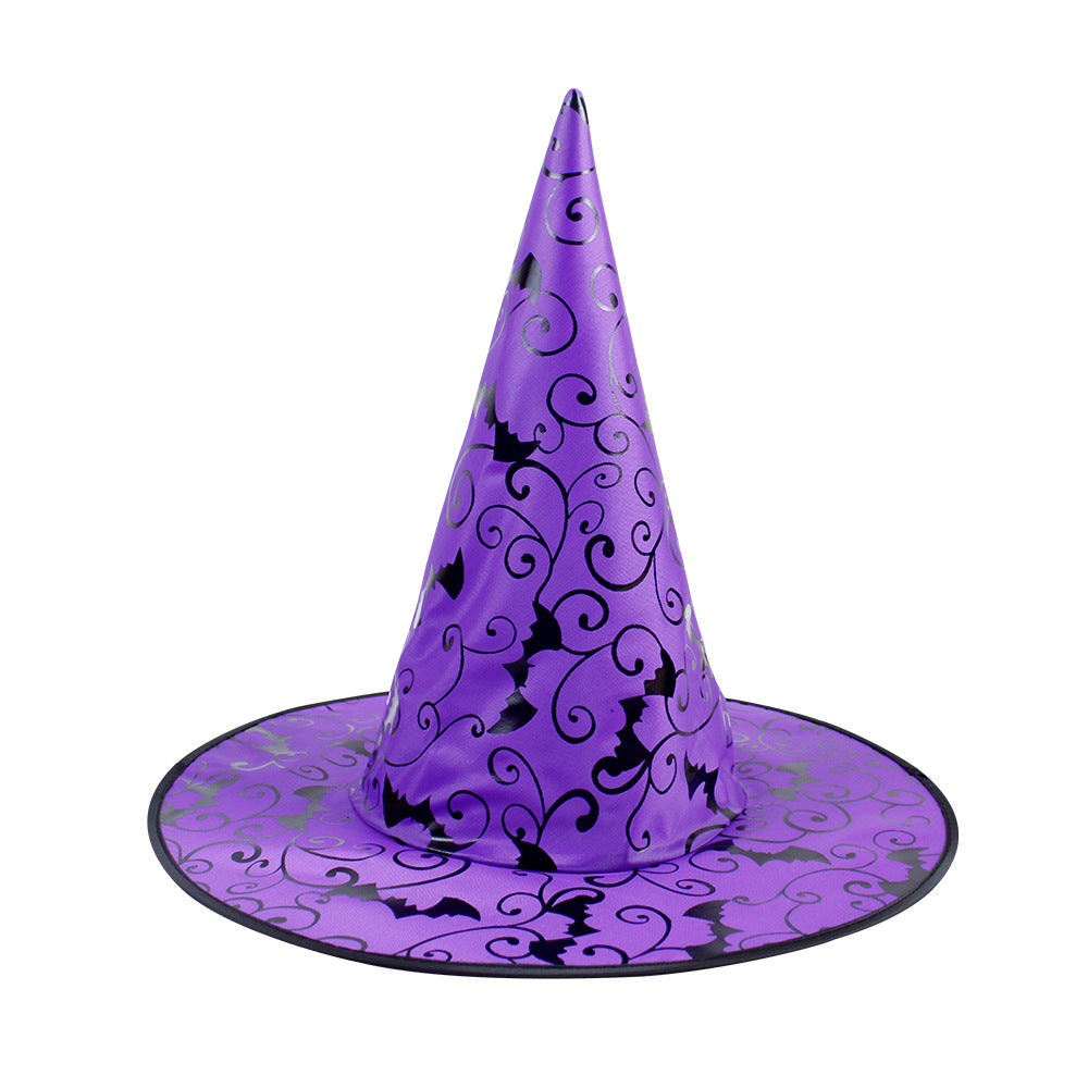 Halloween Hat in purple fabric with black swirling patterns and bat silhouettes, featuring a tall pointed crown and wide brim