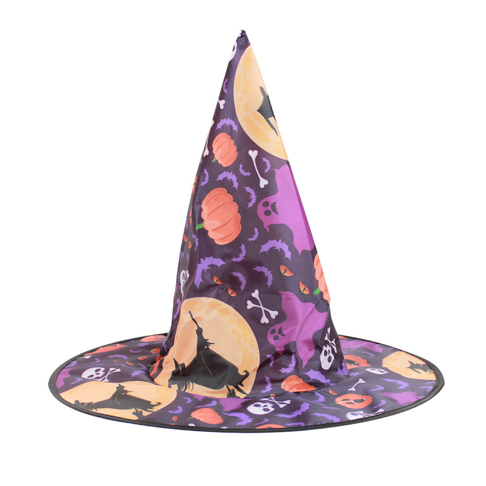 Halloween Hat with a pointed purple fabric cone and wide brim, patterned with pumpkins, bats, skulls and moons