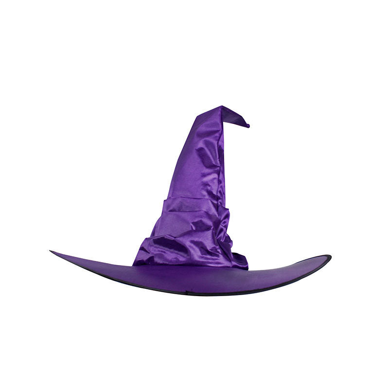 Halloween Hat in shiny purple satin with a tall, bent pointed crown and wide curved brim