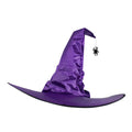Halloween Hat in shiny purple satin with a tall bent pointed crown, wide curved brim and dangling black spider