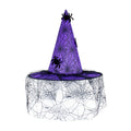 Halloween Hat with a purple pointed cone, black spider details, web-patterned fabric and a draped black mesh brim