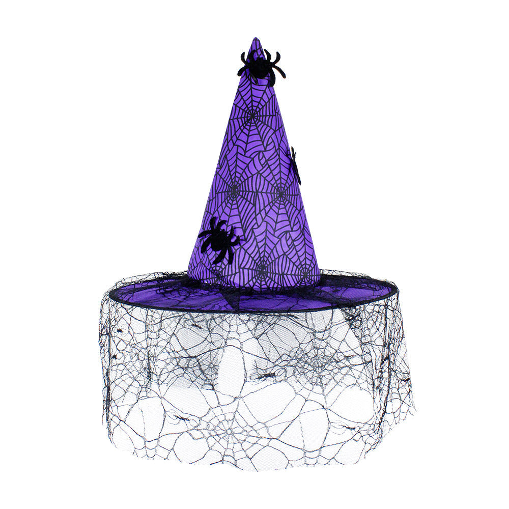 Halloween Hat with a purple pointed cone, black spider details, web-patterned fabric and a draped black mesh brim