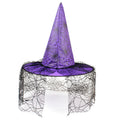 Halloween Hat with a pointed purple fabric crown, black spiderweb pattern, and sheer black mesh brim drape