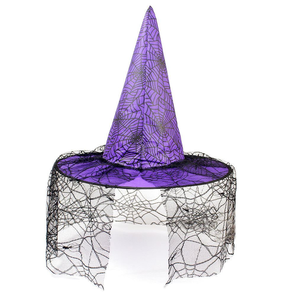 Halloween Hat with a pointed purple fabric crown, black spiderweb pattern, and sheer black mesh brim drape