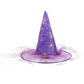 Halloween Hat in purple fabric with a pointed crown, gold spiderweb pattern, and sheer tulle trim around the brim