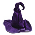 Halloween Hat in rich purple velvet with a tall, floppy pointed crown and a wide, softly rippled brim