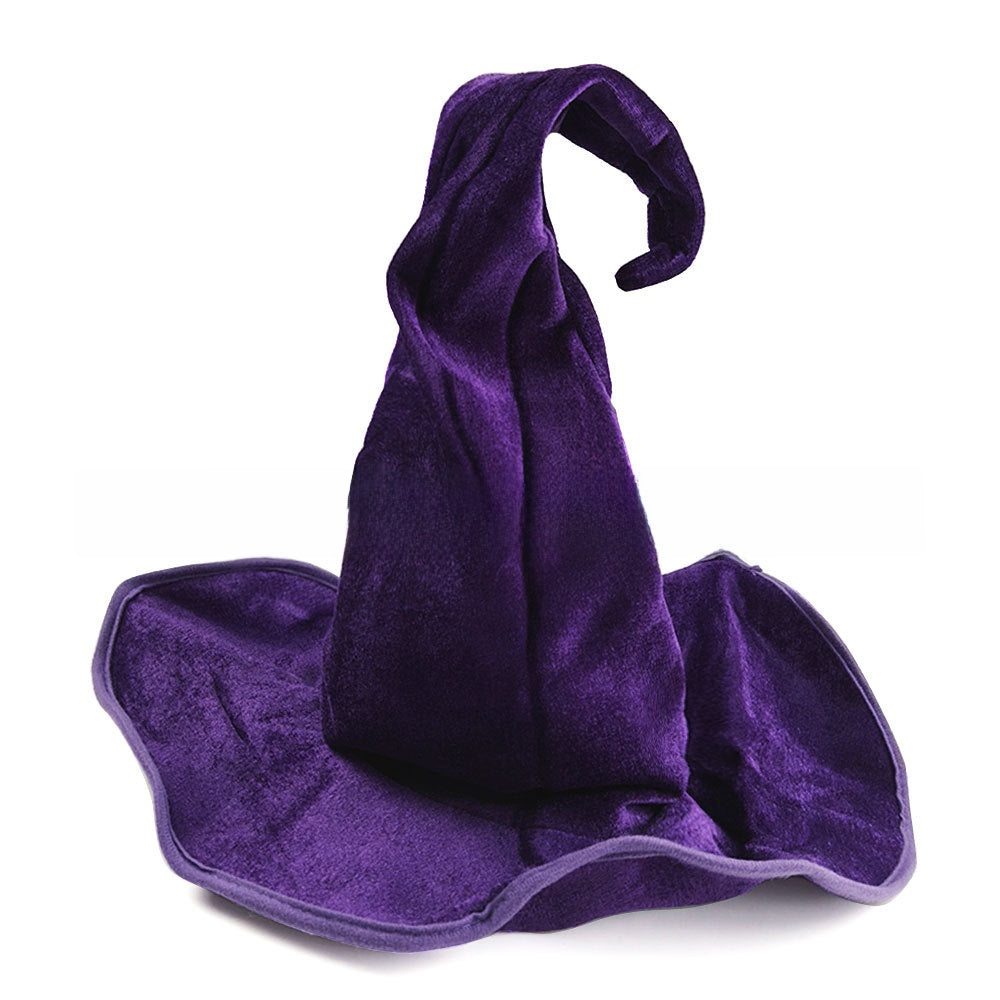 Halloween Hat in rich purple velvet with a tall, floppy pointed crown and a wide, softly rippled brim