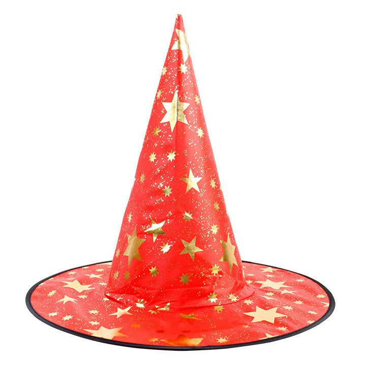 Halloween Hat in bright red fabric with gold stars, featuring a tall pointed cone and wide brim with black trim