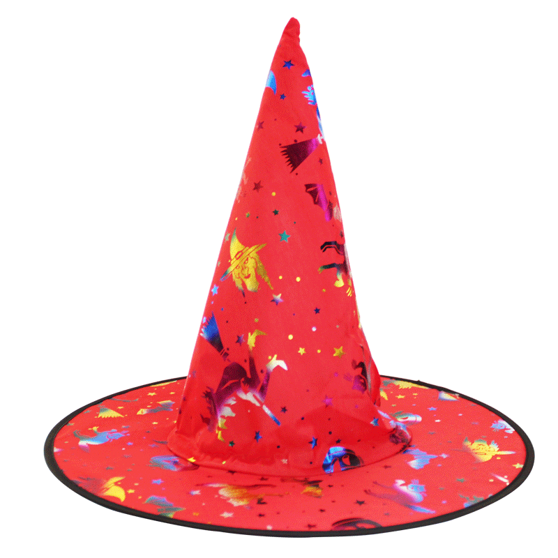 Halloween Hat in bright red fabric with colorful Halloween prints, scattered stars and a tall pointed crown with wide brim