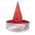 Halloween Hat with a bright red pointed fabric crown, black spiderweb print, and sheer black netting around the brim