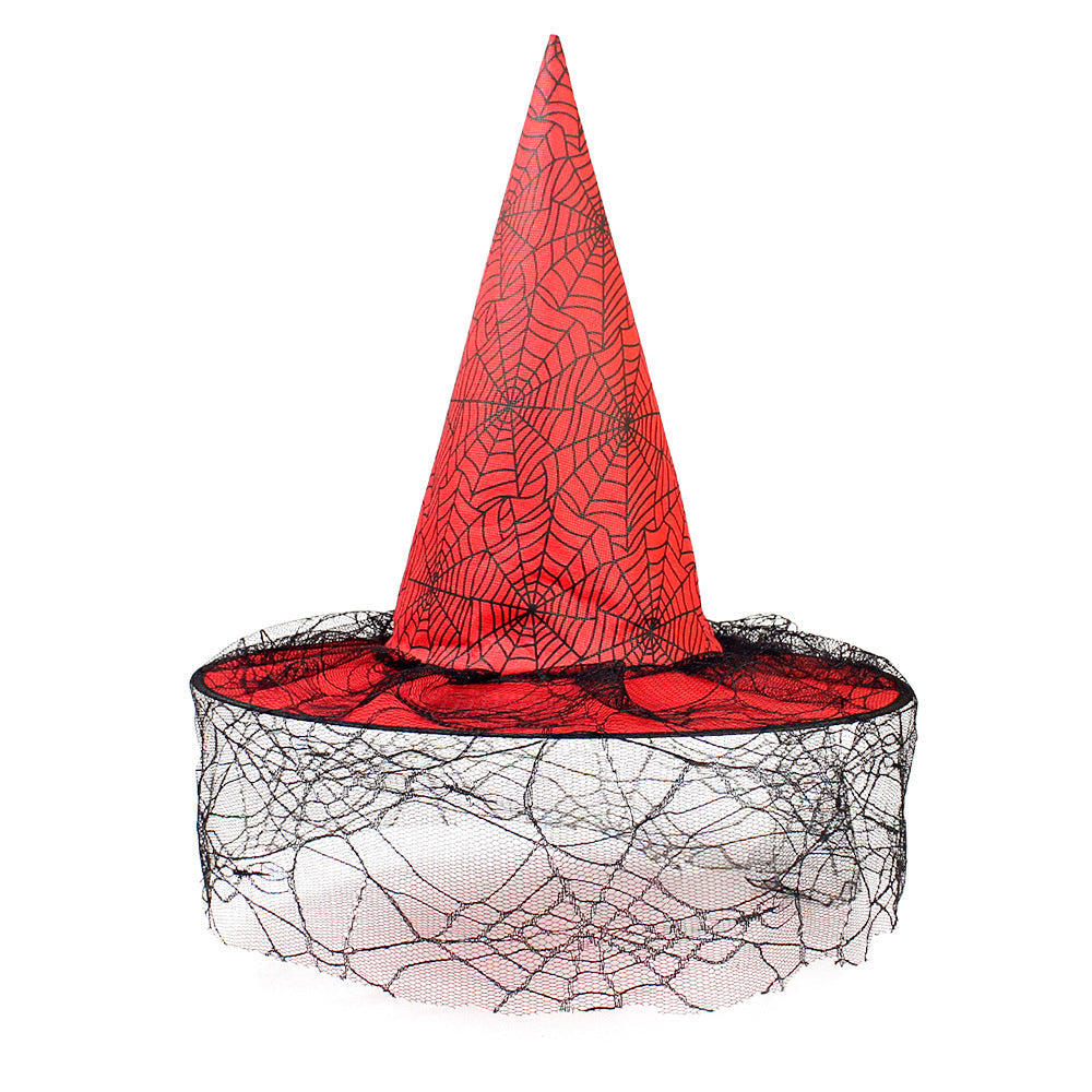 Halloween Hat with a bright red pointed fabric crown, black spiderweb print, and sheer black netting around the brim