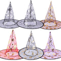 Halloween Hat in assorted sheer silver, gold, pink, and purple fabric, with pointed crowns and Halloween prints