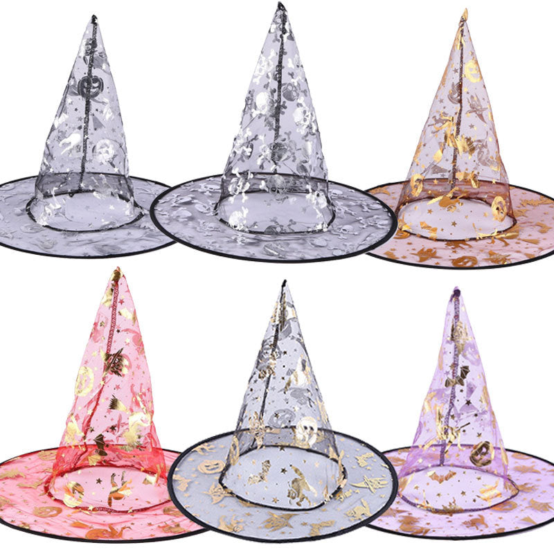 Halloween Hat in assorted sheer silver, gold, pink, and purple fabric, with pointed crowns and Halloween prints