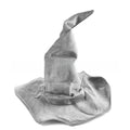 Halloween Hat in soft silver-gray velvet with a tall bent pointed crown and a wide, floppy brim.