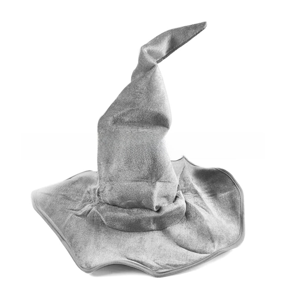 Halloween Hat in soft silver-gray velvet with a tall bent pointed crown and a wide, floppy brim.