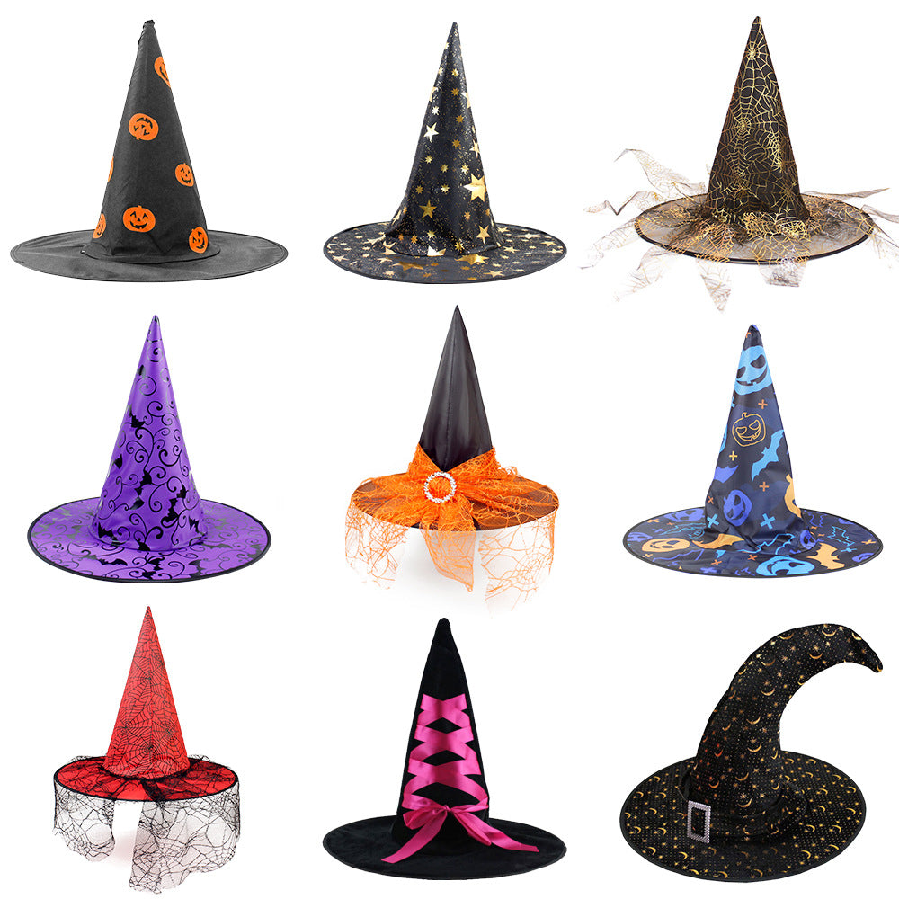 Halloween Hat set with black, purple, red, blue and orange pointed cloth designs, featuring pumpkin, star, spiderweb and bow patterns.