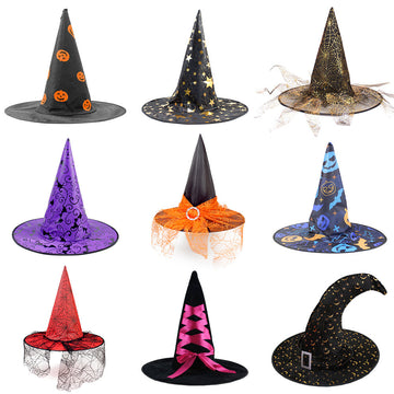 Halloween Hat set with black, purple, red, blue and orange pointed cloth designs, featuring pumpkin, star, spiderweb and bow patterns.