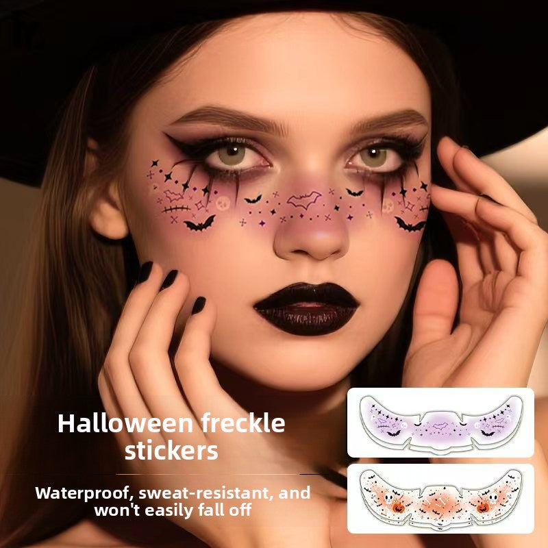 Halloween makeup tattoo stickers with colorful waterproof paper strips featuring pumpkins, bats, ghosts, skulls, and freckle designs.