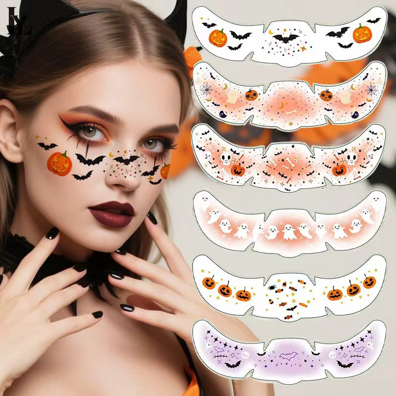 Halloween makeup tattoo stickers with colorful waterproof paper strips featuring pumpkins, bats, ghosts, skulls, and freckle designs.