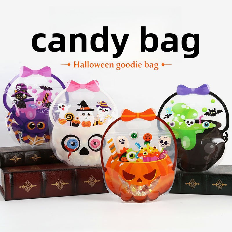 Halloween pumpkin pot candy bag, transparent orange plastic with a smiling jack-o’-lantern face, bow handle, and candy-filled design.