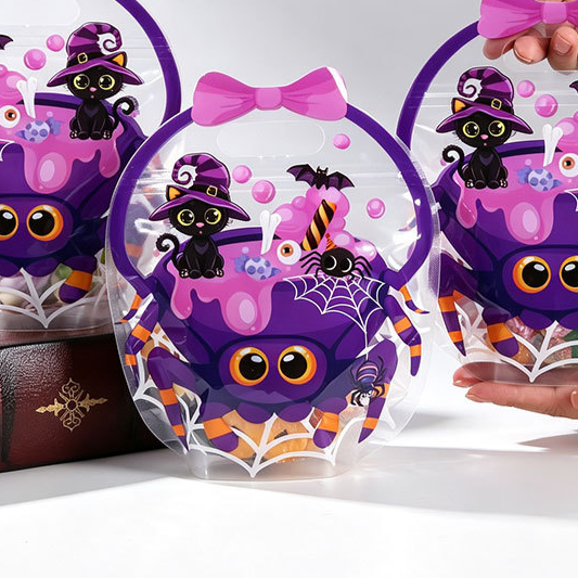 Halloween pumpkin pot candy bag, transparent orange plastic with a smiling jack-o’-lantern face, bow handle, and candy-filled design.