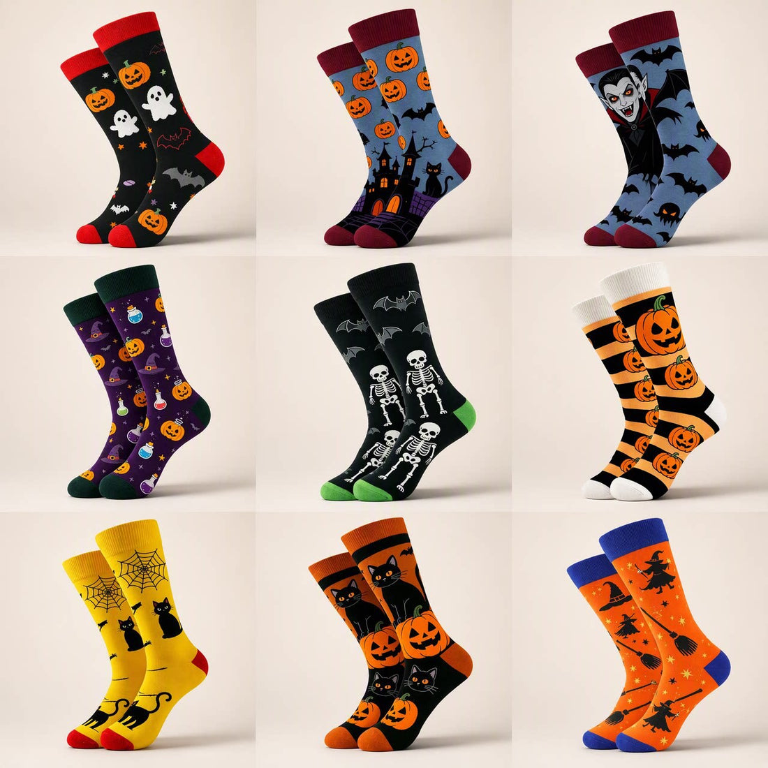Halloween Themed Mid-Calf Cotton Socks in assorted colors, featuring playful pumpkin, ghost, cat, bat and skull patterns with ribbed cuffs.