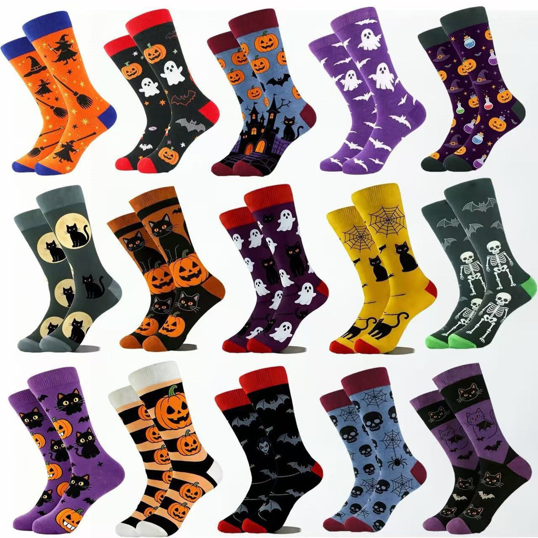 Halloween Themed Mid-Calf Cotton Socks in assorted colors, featuring playful pumpkin, ghost, cat, bat and skull patterns with ribbed cuffs.