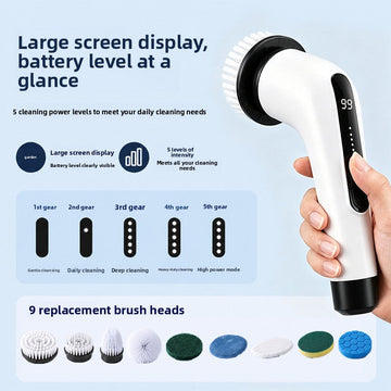 Handheld Cordless Electric Cleaning Brush, white with black accents, rotating scrub head, digital display, and assorted replacement heads.