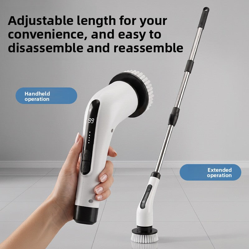 Handheld Cordless Electric Cleaning Brush in white with black accents, shown handheld and extended on a metal pole with round bristles