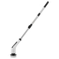 Handheld Cordless Electric Cleaning Brush with a white plastic motor housing, silver telescoping handle and round bristle head.