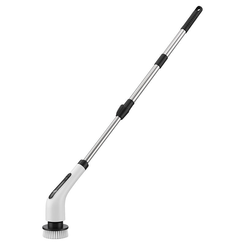 Handheld Cordless Electric Cleaning Brush with a white plastic motor housing, silver telescoping handle and round bristle head.