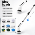 Handheld Cordless Electric Cleaning Brush in white with black grips, detachable long handle and rotating brush heads