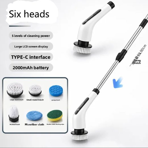 Handheld Cordless Electric Cleaning Brush with a white angled handle, telescoping metal extension and interchangeable round scrubber heads