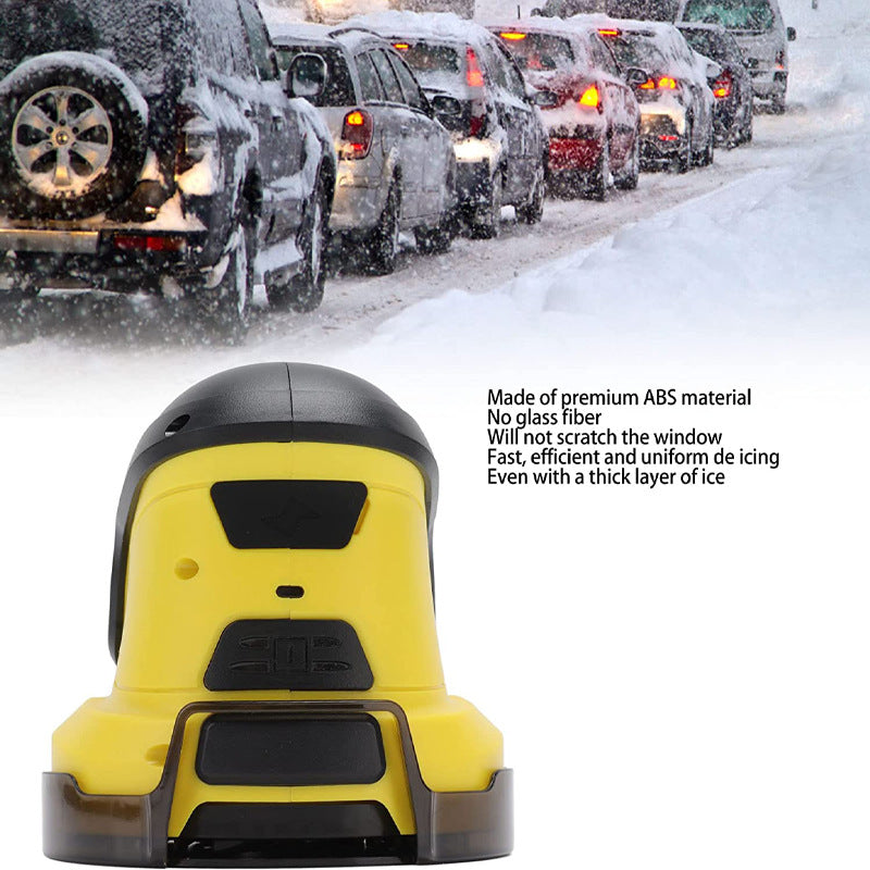 Handheld Electric Snow Blower, yellow and black plastic snow scraper with a wide curved scraping head and ergonomic handle