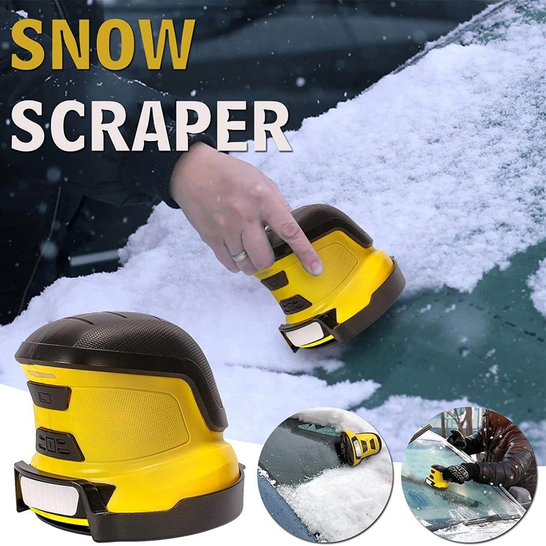 Handheld Electric Snow Blower, yellow and black plastic snow scraper with a wide curved scraping head and ergonomic handle