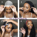 Headband Wig with African Curls shown in a four-step wear guide, with long black curls and a red patterned headband