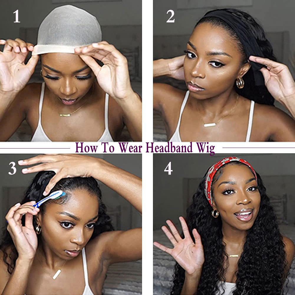 Headband Wig with African Curls shown in a four-step wear guide, with long black curls and a red patterned headband