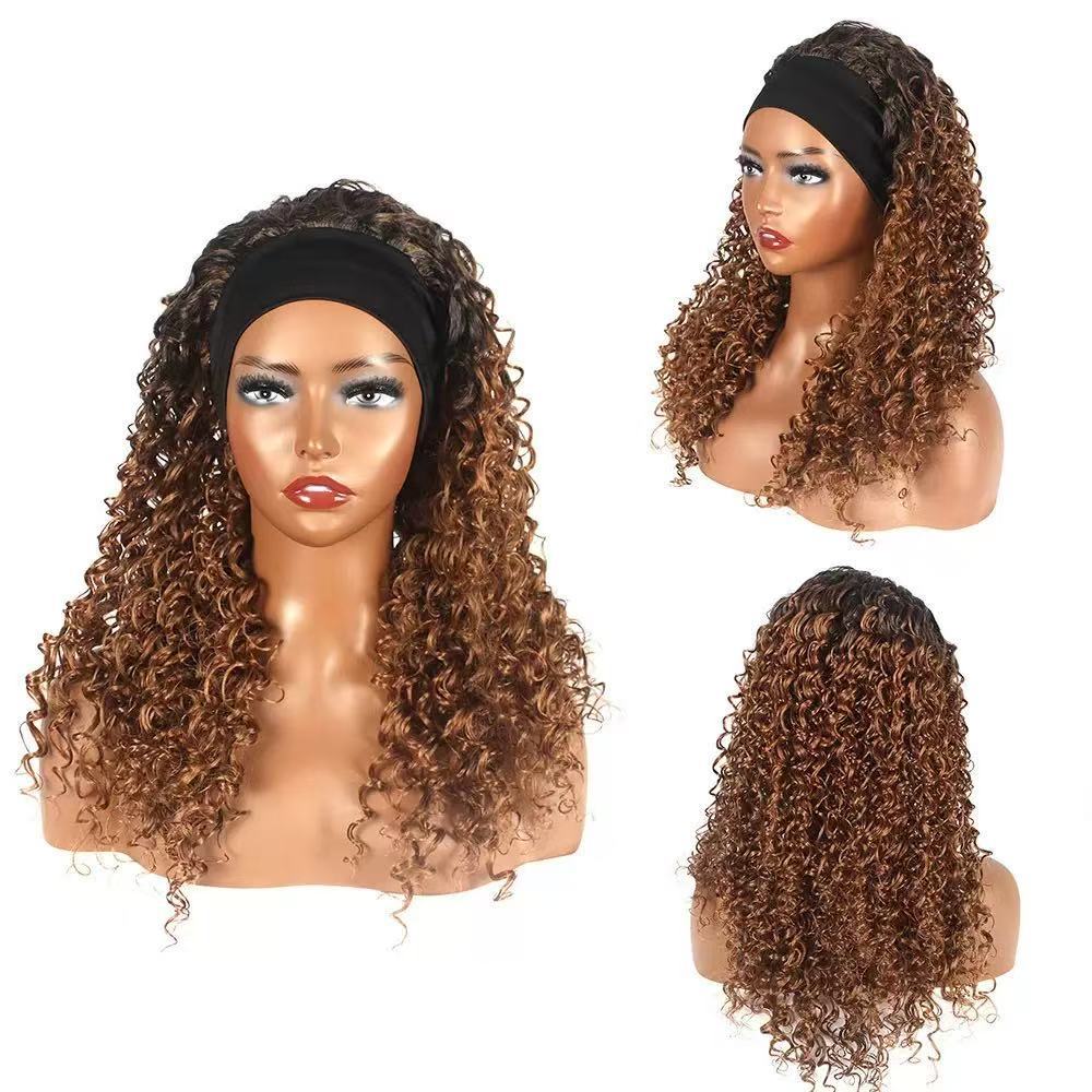 Headband Wig with African Curls in brown, with dense, long, tightly curled synthetic hair and a wide black headband