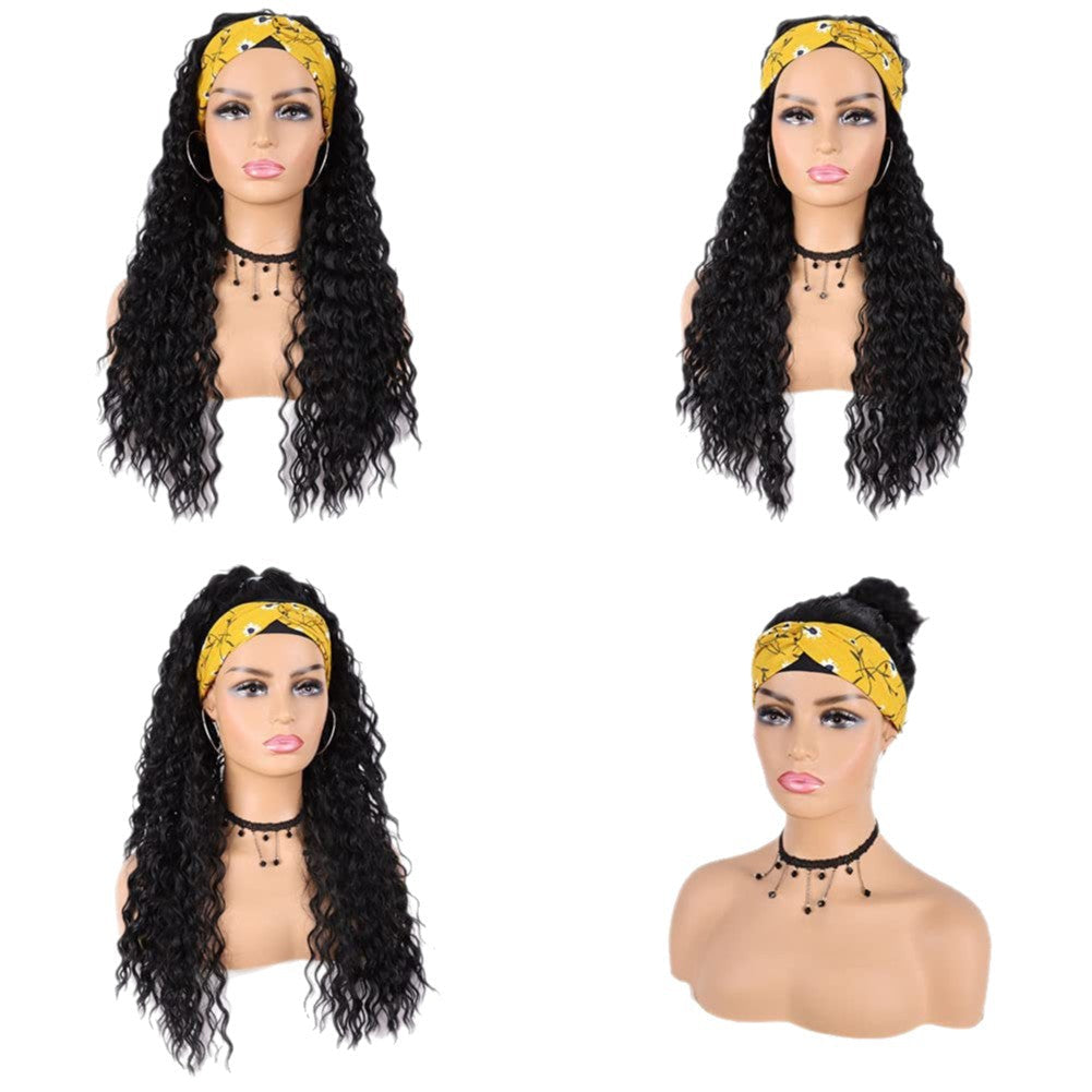 Headband Wig with African Curls featuring long, voluminous black curls and a yellow patterned fabric headband
